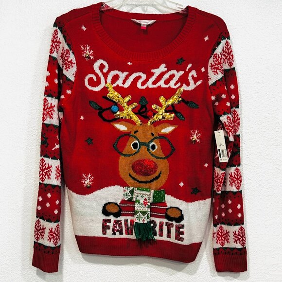 NWT No Boundaries Christmas Sweater Santa Rudolph Bells Sequins Size XL 15-17 - Picture 1 of 12